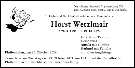 Traueranzeige von Horst Wetzlmair von Neu-Ulmer Zeitung