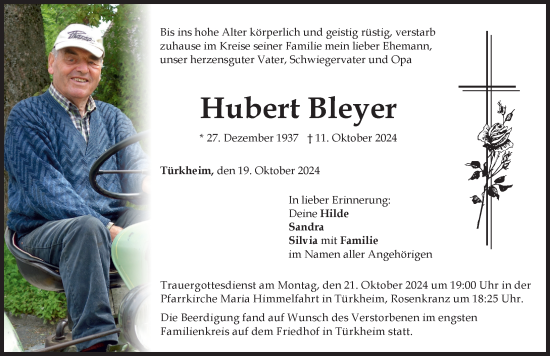 Traueranzeige von Hubert Bleyer von Mindelheimer Zeitung