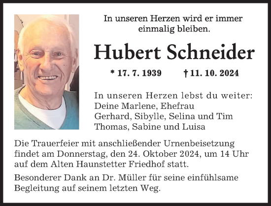 Traueranzeige von Hubert Schneider von Augsburger Allgemeine