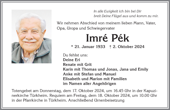 Traueranzeige von Imré Pék von Mindelheimer Zeitung