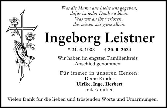 Traueranzeige von Ingeborg Leistner von Donauwörther Zeitung