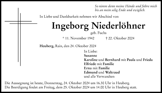 Traueranzeige von Ingeborg Niederlöhner von Rieser Nachrichten