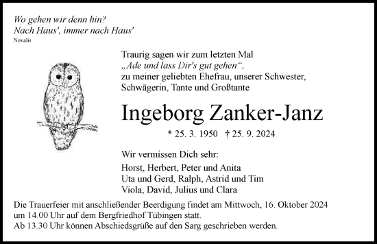 Traueranzeige von Ingeborg Zanker-Janz von Illertisser Zeitung