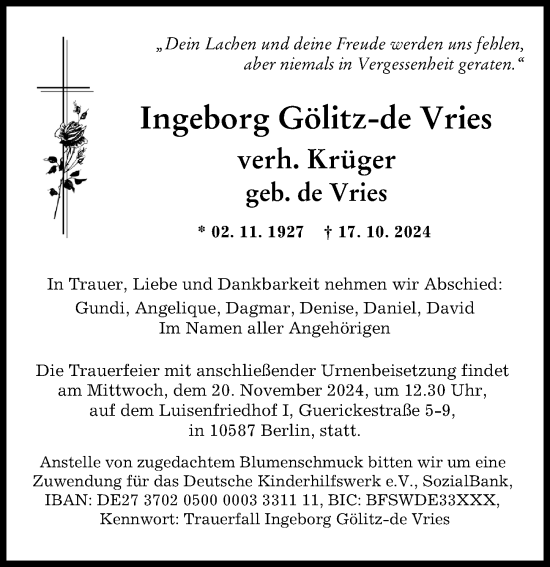 Traueranzeige von Ingeborg Gölitz-de Gölitz-de Vries von Augsburger Allgemeine, Friedberger Allgemeine