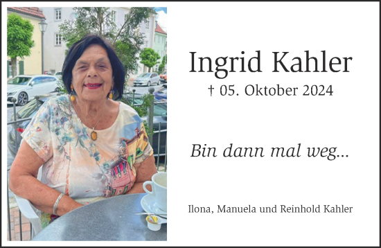 Traueranzeige von Ingrid Kahler von Mittelschwäbische Nachrichten