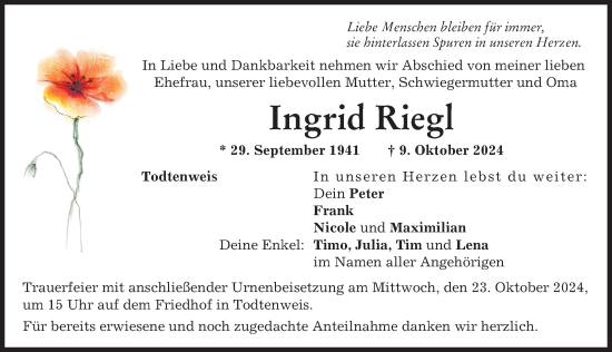 Traueranzeige von Ingrid Riegl von Aichacher Nachrichten