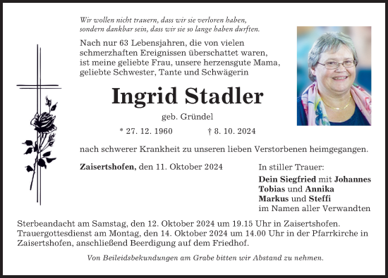 Traueranzeige von Ingrid Stadler von Mindelheimer Zeitung