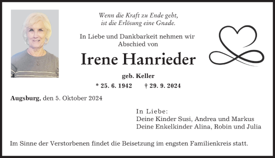 Traueranzeige von Irene Hanrieder von Augsburger Allgemeine