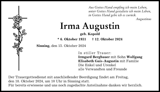 Traueranzeige von Irma Augustin von Neuburger Rundschau