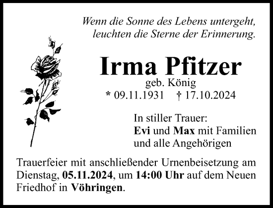 Traueranzeige von Irma Pfitzer von Illertisser Zeitung
