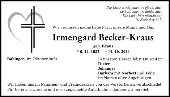 Traueranzeige von Irmengard Becker-Kraus von Schwabmünchner Allgemeine