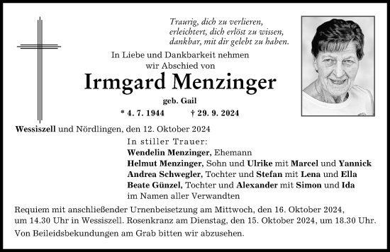 Traueranzeige von Irmgard Menzinger von Friedberger Allgemeine