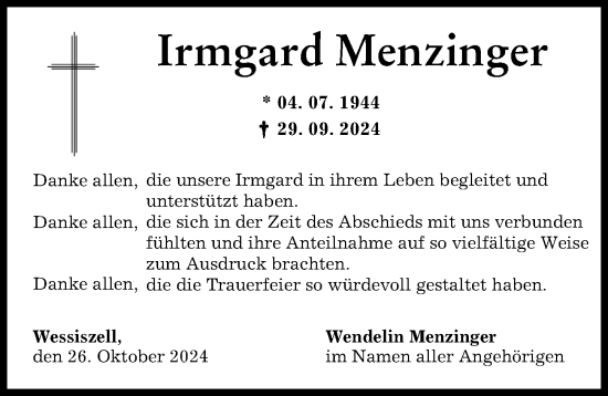 Traueranzeige von Irmgard Menzinger von Friedberger Allgemeine