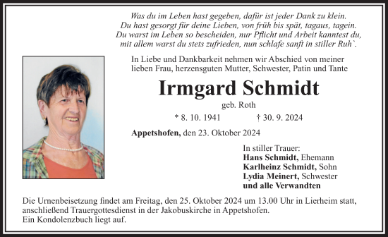 Traueranzeige von Irmgard Schmidt von Rieser Nachrichten