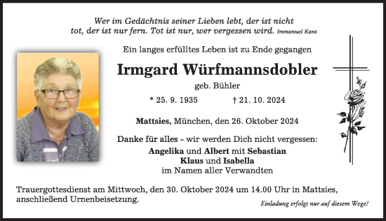 Traueranzeige von Irmgard Würfmannsdobler von Mindelheimer Zeitung