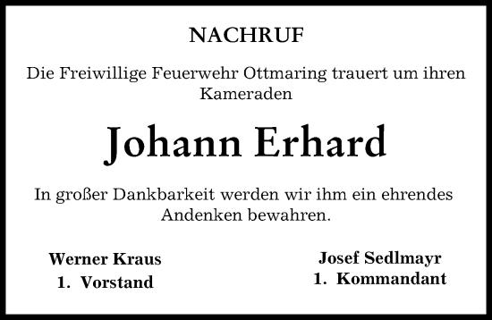 Traueranzeige von Johann Erhard von Friedberger Allgemeine