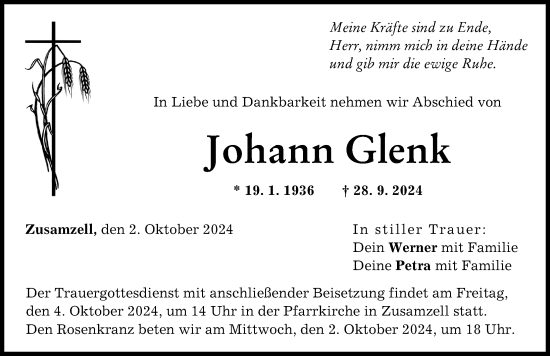 Traueranzeige von Johann Glenk von Wertinger Zeitung, Augsburg-Land