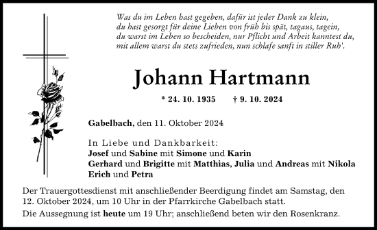 Traueranzeige von Johann Hartmann von Augsburg-Land