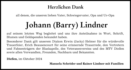 Traueranzeige von Johann  Lindner von Ammersee Kurier
