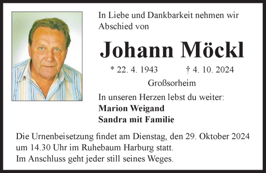 Traueranzeige von Johann Möckl von Rieser Nachrichten