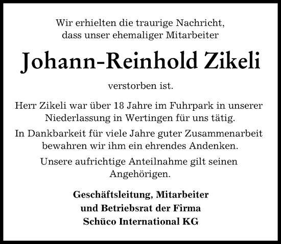 Traueranzeige von Johann-Reinhold Zikeli von Wertinger Zeitung