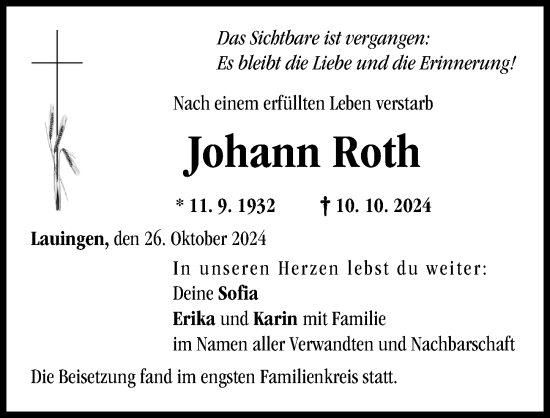 Traueranzeige von Johann Roth von Donau Zeitung