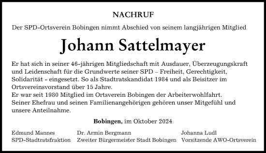 Traueranzeige von Johann Sattelmayer von Schwabmünchner Allgemeine
