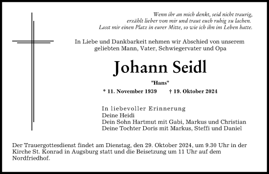 Traueranzeige von Johann Seidl von Augsburger Allgemeine