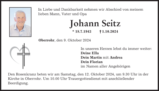 Traueranzeige von Johann Seitz von Mittelschwäbische Nachrichten