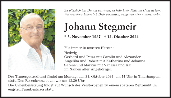 Traueranzeige von Johann Stegmeir von Augsburg-Land