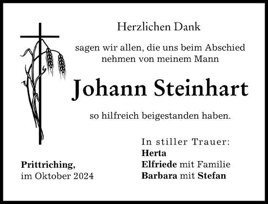 Traueranzeige von Johann Steinhart von Landsberger Tagblatt