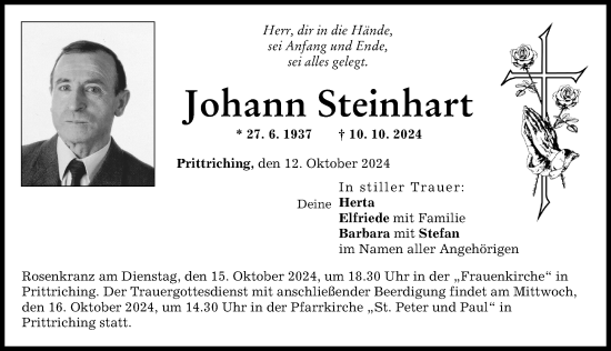Traueranzeige von Johann Steinhart von Landsberger Tagblatt