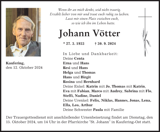 Traueranzeige von Johann Vötter von Landsberger Tagblatt