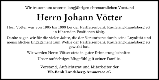 Traueranzeige von Johann Vötter von Landsberger Tagblatt