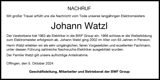 Traueranzeige von Johann Watzl von Günzburger Zeitung