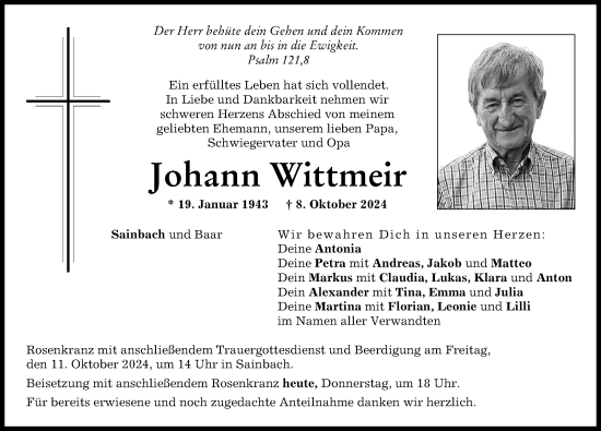 Traueranzeige von Johann Wittmeir von Aichacher Nachrichten