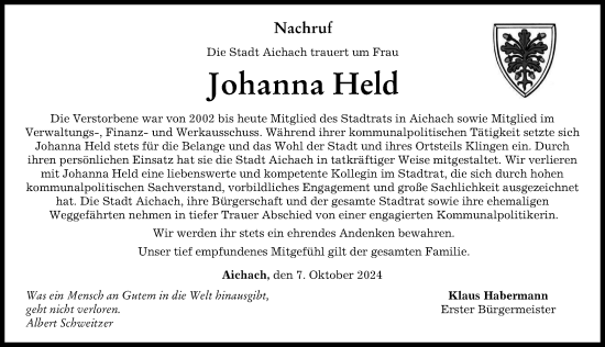 Traueranzeige von Johanna Held von Aichacher Nachrichten