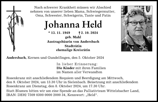 Traueranzeige von Johanna Held von Friedberger Allgemeine