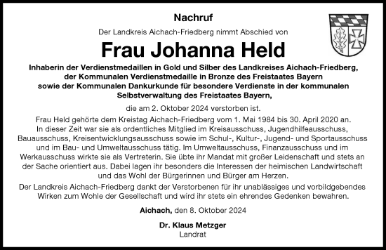 Traueranzeige von Johanna Held von Friedberger Allgemeine, Aichacher Nachrichten