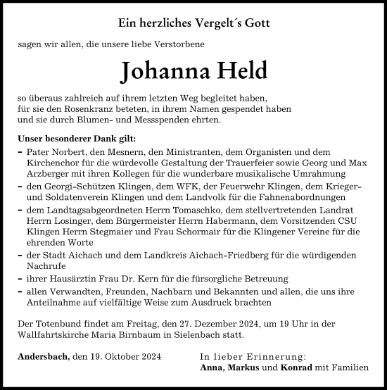 Traueranzeige von Johanna Held von Aichacher Nachrichten