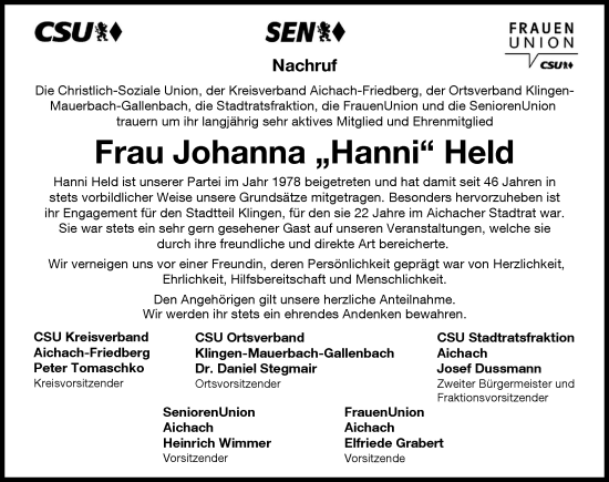 Traueranzeige von Johanna Held von Aichacher Nachrichten