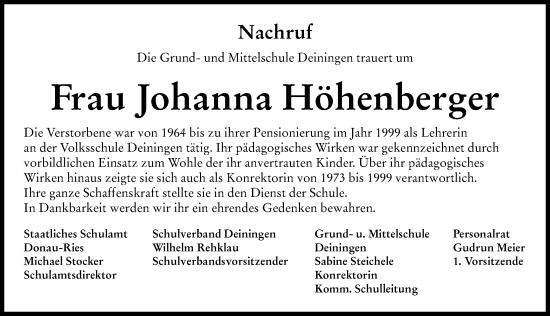 Traueranzeige von Johanna Höhenberger von Rieser Nachrichten