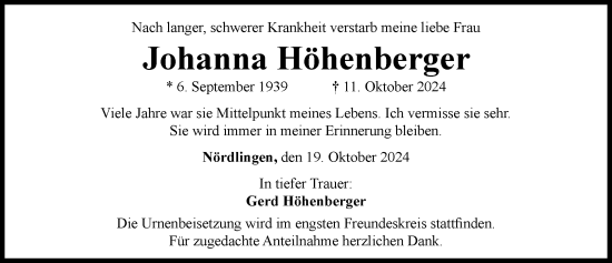 Traueranzeige von Johanna Höhenberger von Rieser Nachrichten