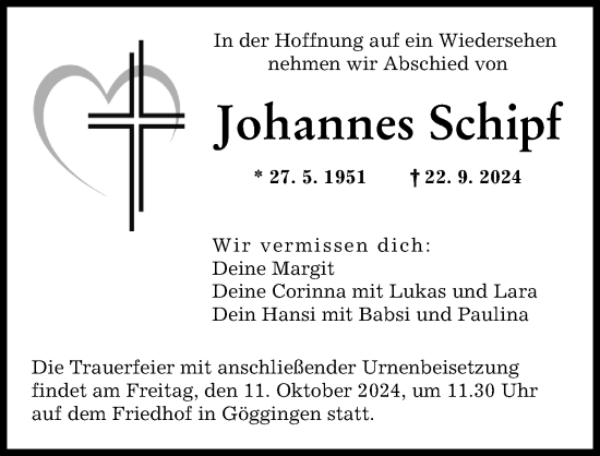 Traueranzeige von Johannes Schipf von Augsburger Allgemeine