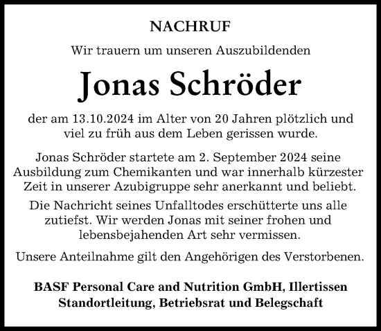 Traueranzeige von Jonas Schröder von Mittelschwäbische Nachrichten, Illertisser Zeitung