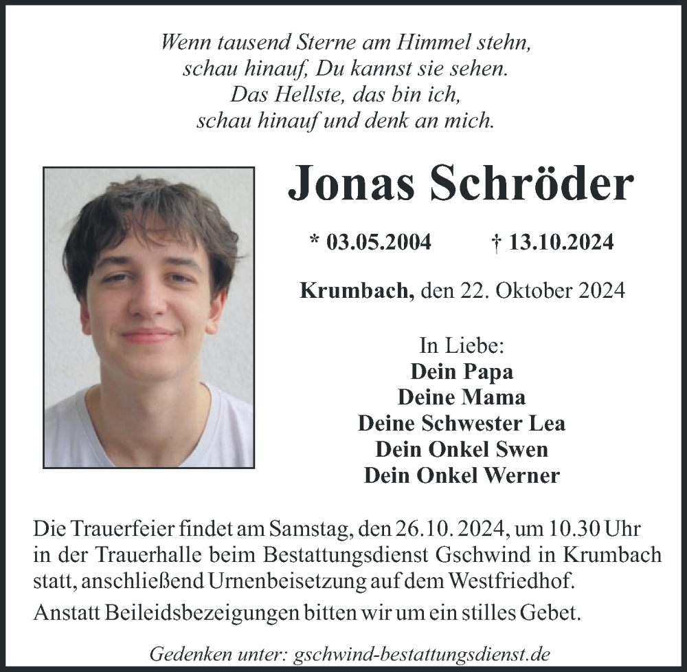  Traueranzeige für Jonas Schröder vom 22.10.2024 aus Mittelschwäbische Nachrichten