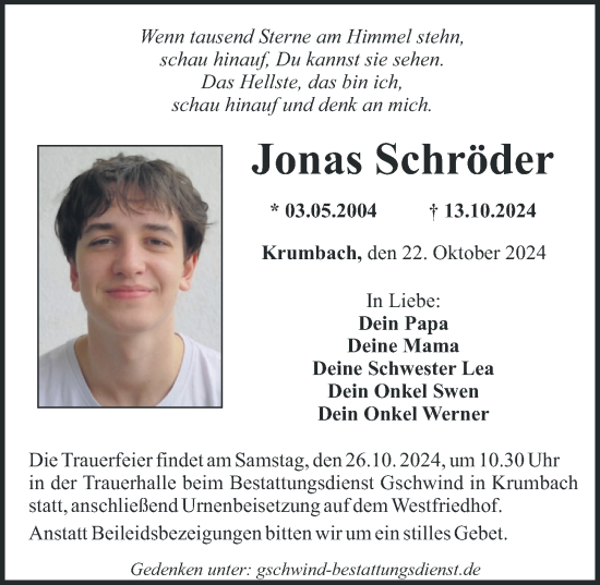 Traueranzeige von Jonas Schröder von Mittelschwäbische Nachrichten