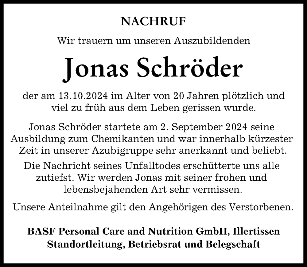  Traueranzeige für Jonas Schröder vom 23.10.2024 aus Mittelschwäbische Nachrichten, Illertisser Zeitung