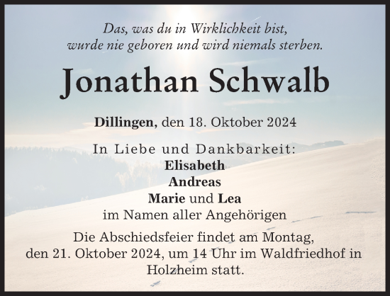 Traueranzeige von Jonathan Schwalb von Donau Zeitung