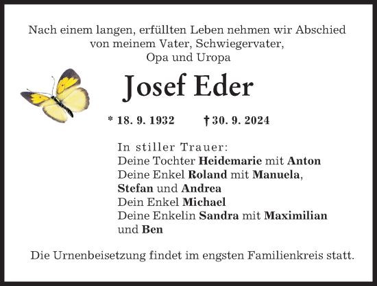 Traueranzeige von Josef Eder von Augsburger Allgemeine